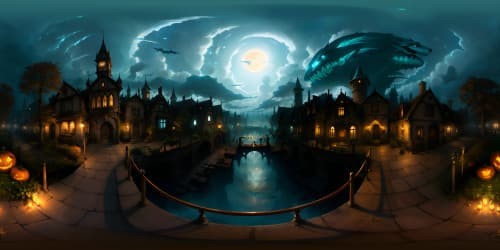 Masterpiece VR360 panorama, Zootopia-inspired Halloween, ultra-high-res moonlit metropolis. Streets bathed in pumpkin light, fantastical edifices' profiles, enchanting yet eerie ambiance. Intriguing Pixar-style details, engrossing VR360 animation.