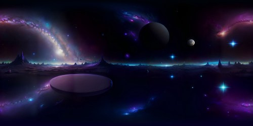 VR360 infinity expanse, galaxy clusters, nebulae tapestries, twinkling star fields. Masterpiece-like precision, ultra-high-resolution VR360 view. Deep-space celestial ballet, rich hues, cosmic artistry. Stellar dust clouds, twinkling constellations, mesmerizing cosmic grandeur. Art Nouveau style, effervescent colors, intricate celestial silhouettes.