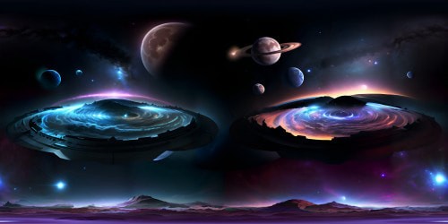Ultra-high resolution VR360 masterpiece: cosmos-themed, resplendent planets, shimmering moon, sparkling star field. Surrealistic style, radiant celestial bodies, deep space panorama. VR360 immersion, galactic spectacle, pixel-perfect clarity, striking vibrancy.