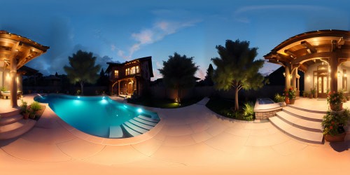 Luxurious backyard pool and hot tub night time with lights