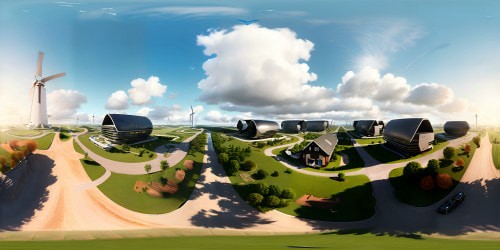 Utopian socialist landscape, VR360 aerial view, city of equality, contoured farmlands, communal living spaces, floating windmills. Ultra high res precision, blended perfection. VR360 hyperrealism style, pastel hues, masterpiece finesse.