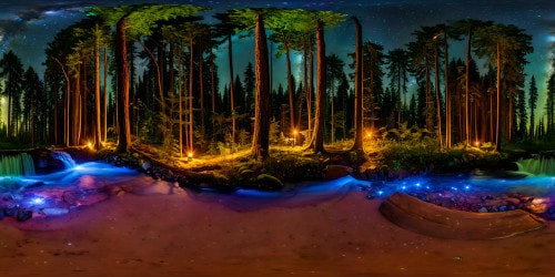 An enchanted evening forest filled with fireflies underneath a magnificent starry sky