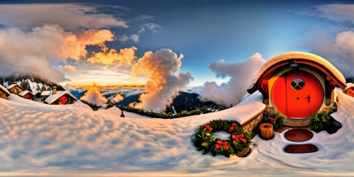 A flawlessly detailed, ultra high-res winter wonderland in the Shire during Christmas, featuring quaint hobbit holes dusted with pristine snow, golden light glowing from cozy windows, smoke rising from chimneys, festive wreaths on bright red doors, and a sense of serene holiday magic filling the air.