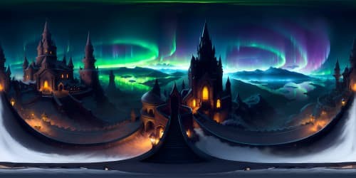ultra-high-resolution VR360, masterful artwork, awe-inspiring dragons, majestic castle silhouette, captivating aurora display, dynamic fire elements