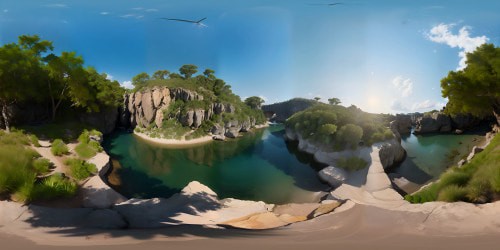 Relaxing water with lots of people around and many birds in the sky with a searing radiance coming from the heavens