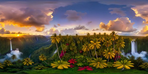 Lush tropical paradise teeming with vibrant flora, towering palm trees, cascading waterfalls, exotic flowers in bloom under the golden sunset, rendered in impeccable detail, ultra high resolution quality.