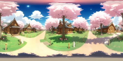 Anime style excellence, ultra HD quality in VR360. Top-tier, signature pastel hues. Cute, quaint expansion of townhouses, fluffy Sakura trees. Chibi-like clouds billowing, overhead. Kawaii stars, twinkling, soft moonlight. VR360 viewing, gently illuminated, dreamy scenery.