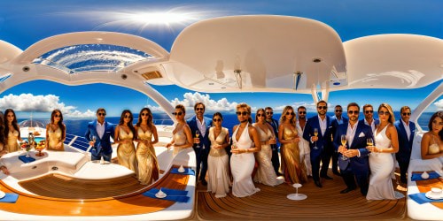 A high-resolution scene of a luxurious yacht party, where elegantly dressed guests mingle on the sun-drenched deck, sparkling champagne glasses in hand, overlooking a stunning azure sea, vibrant colors perfectly captured with flawless detail and lavish textures.