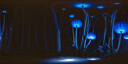 A flawless, ultra high-resolution depiction of a mesmerizing blue bioluminescent forest PLANET OF PANDORA AT NIGHT, radiating an ethereal, otherworldly glow akin to James Cameron's Avatar