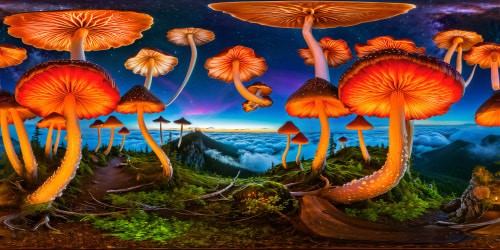 A psychedelic forest of giant, glowing mushrooms with iridescent caps, twisting in a radiant dance under a starlit midnight sky, casting ethereal, multicolored patterns across a misty, enchanted landscape, ideal for a visually stunning, high-definition masterpiece.