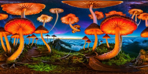 A psychedelic forest of giant, glowing mushrooms with iridescent caps, twisting in a radiant dance under a starlit midnight sky, casting ethereal, multicolored patterns across a misty, enchanted landscape, ideal for a visually stunning, high-definition masterpiece.