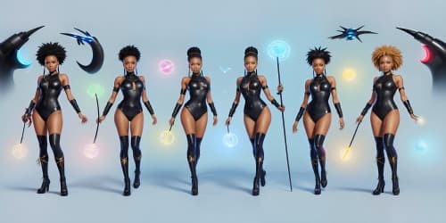 four african american women wearing leotards. they are sorceresses: one has dreadlocks. she is carrying a glowing mace