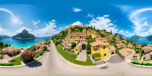 VR360: Masterpiece quality, ultra-high res view, vibrant Italian island landscape, crystal-clear azure waters, terracotta-roofed houses huddled on hills, green vineyards, quaint cobbled streets. VR360: Glossy, Pixar-style, soft gradients, sharp textures, popping colors.