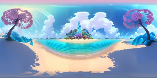 VR360 paradise, ultra-high resolution, palm trees silhouette in fore, turquoise sea meeting pristine sand, waterfall cascading, distant. Burst of tropical flowers colors, VR360 masterpiece, Pixar-style vibrancy, enhanced texture detail, sharp contrasts, composition perfection, ultra high-res rendering.