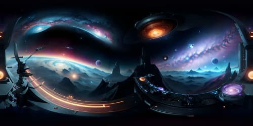 VR360 nebulae, vibrant hues, ultra-high resolution. Infinite cosmic patterns, glimmering stars, Pixel-art style. Universe grandeur, masterpiece quality. VR360 galaxies, intricate swirls, stardust trails, celestial entities. Infinite beauty, woven intricately.