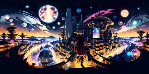 Starry night sky, swirling galaxies, VR360 cosmic backdrop, anime-style. Dramatic meteor showers, neon comets streaking. Comic book-style cityscape, luminous skyscrapers, distant view, no obscuration. VR360, hyper-detailed, emphasized anime aesthetic, precision-lined ink work. Ultra high-resolution, visual spectacle, anime-inspired celestial masterpiece.