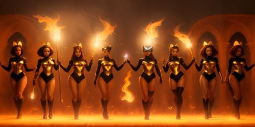 five evil female angels wearing black leotards with red trim_they have golden wings_the women have gold halos over their heads_one woman has dreadlocks_two of the women are  african american_they are flying_one woman is carrying a flaming green hammer.