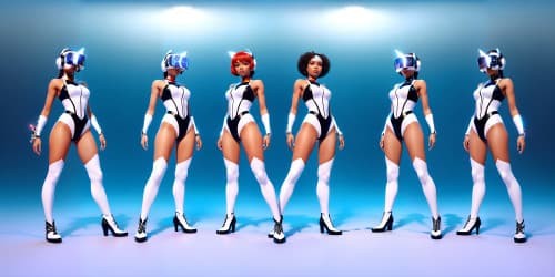 four women wearing white leotards with thigh high boots. they are evil sorceresses'. they are african american women