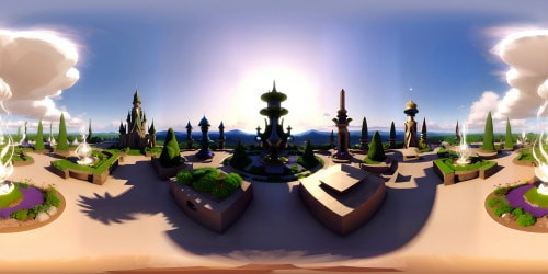 Fantasy-alien world, tranquil Versailles atmosphere in VR360, ultra-high res masterpiece. Extraterrestrial flora, baroque architecture, peaceful environment, zen. Pastel colors, soft lights, fantasy art style. Alien landscapes, ornate French gardens. Overarching tranquility, VR360 view, alien Versailles fusion.