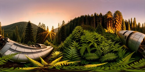 A crashed futuristic spaceship rests upon a prehistoric landscape, lush with towering ferns and ancient trees, shattered metal glinting in the radiant sunset, ultra high-resolution textures capturing every intricate detail, a truly cinematic masterpiece.