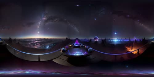 Masterpiece VR360 scene, ultra-high resolution, sparkling galaxies strewn. VR360 iridescent nebulae, gleaming across pristine skyline, distant horizon embracing. Luminous celestial bodies, radiating amid inky void, ether-realism style entrancing. Crystal-clear starlight, VR360 envelopment, grand celestial spectacle.