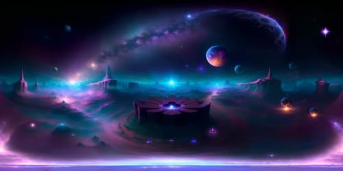 Masterpiece-grade VR360, ultra-high resolution, expansive star system, dominant purple star, spectral light radiations, nebular clouds, galactic dust, fantasy art style