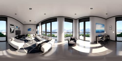 VR360 masterpiece in ultra HD, modern mountain mansion interior, Unreal Engine 5 visual style, panoramic windows boasting expansive sky views, sparse, elegant furnishings, sweeping staircases, abstract art, reflective marble floors in VR360.