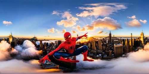 In flawless ultra-high resolution, Spiderman gracefully soars through vibrant sunlit New York City skies, seamlessly leaping between iconic rooftops, exuding superhero motion against the backdrop of urban energy, a true masterpiece of flawless detail and depth.