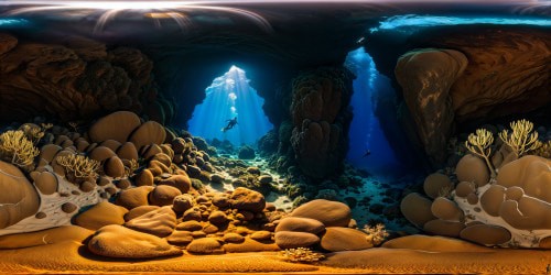 A mesmerizing abyssal trench, crowned with rugged boulders, iridescent coral gardens, and undulating seaweed, shimmering in enchanting bioluminescent tones, embraced by a celestial 8K volumetric glow - an exquisite, flawless, ultra-high-resolution underwater opus, a breathtaking marvel of boundless oceanic splendor.