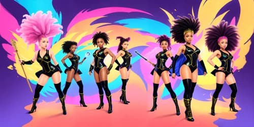 five african american women wearing leotards and thigh high boots. two of the women have dreadlocks. one woman is carrying a yellow hammer like thor.