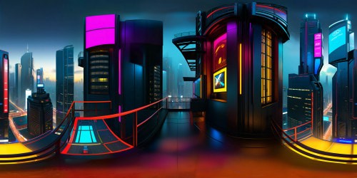 Ultra-high-res VR360, masterpiece cyberpunk cityscape, VR360 view from 7th floor balcony. Luminous neon billboards, sleek skyscrapers, sprawling steel infrastructure. Rain-soaked streets below, iridescent reflections. Predominantly noir, vibrant neon accents, gritty texture. Manga-inspired, Bladerunner-esque styling.