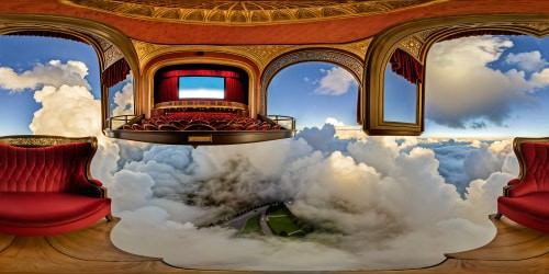 In a luxurious, classic movie palace reminiscent of Amsterdam's Tuschinski, the view from the central seat showcases a grand silver screen, framed by opulent, elegant decor with intricate details and rich textures.