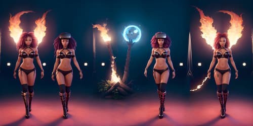 three african american female sorceresses.evil and sey. one woman has dreadlocks. one has red hair and wings. evil and sexy. one female has a starr with fire.they are wearing bikinis with flames