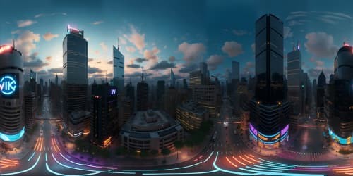 VR360 Skyline, New York cityscape, ultra HD, towering skyscrapers, vibrant neon lights, night-time metropolis, VR360 prismatic reflections, quality masterpiece
