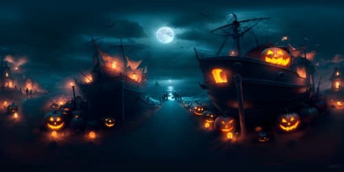 Masterpiece quality, ultra-high resolution VR360, Halloween-themed beach, moonlit shoreline with scattered pumpkins, eerie shipwreck silhouette at a distance, stylized in a fusion of gothic and digital art.