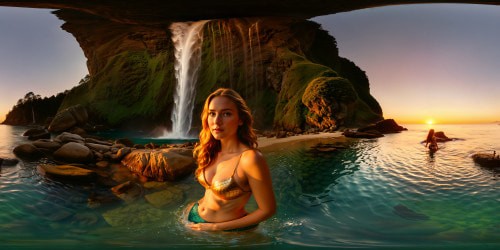 A flawless, high-resolution scene of a secluded cove at twilight, featuring a cascading waterfall, glistening waters, and a charming mermaid silhouetted against the ethereal glow of the setting sun, a breathtaking masterpiece of magical allure.