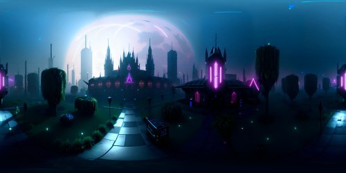 Cyberpunk fairytale realm, neo-gothic architecture, digital forest silhouette against neon sky. Pixelated, glowing flora, floating neon orbs, holographic fairy wings. Ultra-high-res magic, VR360 cybernetic enchantment, VR360 cyberpunk masterpiece.