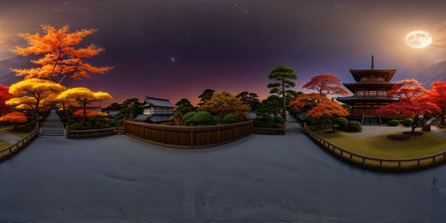 Looking out at a panoramic Edo period Japenese garden at night, in Autumn. Cozy warm toned glowy lighting. Moon and stars in the dark sky. Emaculately detailed landscaping. Deep warm toned color palette, with deep reds, magentas, browns, deep orange-yellow tones. Warm feverish Ghibli-esque aesthetic.