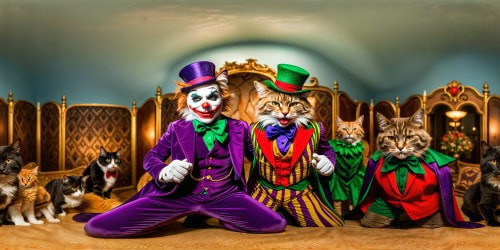 An impeccably detailed, ultra high resolution digital artwork of mischievous cats donning intricate Joker costumes, vibrant and playful, showcasing flawless fur textures, vivid colors, and intricate costume designs in a whimsically chaotic setting.