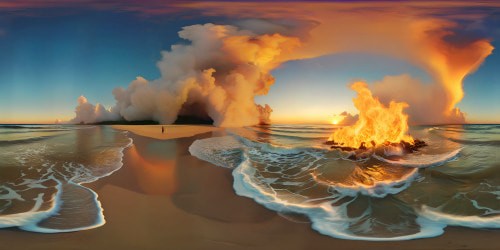 Flawless ivory beach in ultra-high-res VR360, golden sunset hues, colossal waves in dramatic crash, mid-dance flames flickering round bonfire. Luminescent aura, 3D digital artwork, masterpiece VR360, unparalleled realism, exquisite detail.