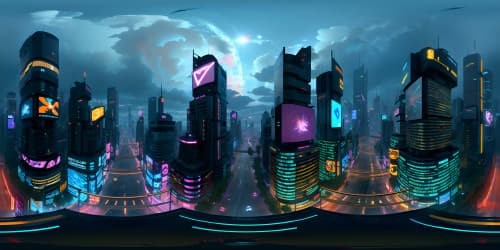 Ultra high-resolution VR360, cyberpunk city in extreme detail, intricate neon skyline, dense, towering structures, reflective surfaces, luminous billboards, without people or vehicles, masterpiece in fine digital art style.