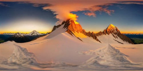 A majestic mountain range under a pristine blanket of snow, bathed in the warm hues of a radiant sunrise, with dazzling glistening peaks and icy slopes, captured in flawless 8K resolution, embodying the pinnacle of photographic artistry.