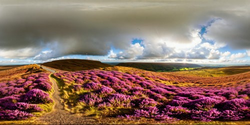 A flawless, ultra-high-resolution masterpiece of the undulating Yorkshire Moors covered in vibrant purple heather, set under a crystal-clear sky, exuding the essence of pure artistic perfection.