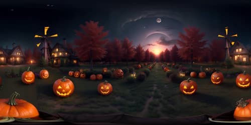 VR360, Sleepy Hollow main street, Halloween, immersive ultra-high resolution, ghostly aura, cobwebbed homes, carved pumpkins glowing, eerie windmill silhouette, ultra-realistic style, masterpiece vibes