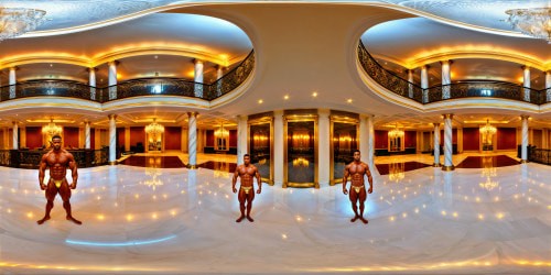 A flawless and grand scale depiction of a bodybuilding competition, set in an opulent living room with sleek marble floors and gilded accents, showcasing a lineup of sculpted and chiseled male contestants striking powerful poses under the radiant glow of crystal chandeliers, each muscle defined and gleaming under the warm spotlight, embodying strength and perfection in ultra-high resolution detail.