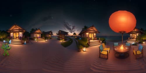 VR360 ultra-high resolution, luminous night scene, Maldives beach resort, glowing beach huts, glassy calm sea, star-studded sky, floating lanterns, breathtaking masterpiece quality, VR360 enigmatic moonlight reflection sky view skyline