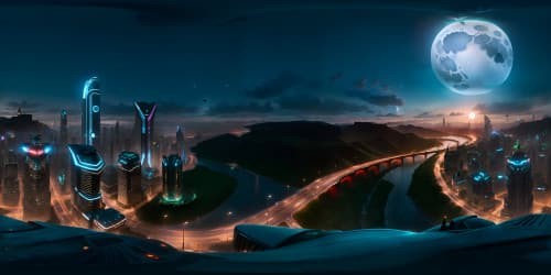 VR360 masterpiece quality, ultra-high resolution, Superman-inspired nighttime setting, Metropolis skyline silhouette, luminous moon backdrop, sculptured cloudscape, fantasy digital painting style.