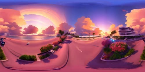 Grand Theft Auto cars on the seaside highway of Miami (orange and pink sky)