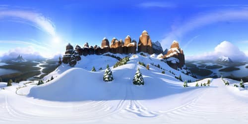 Masterpiece quality, ultra-high resolution VR360 view, snowy mountainscape, gothic castle silhouette. Pinnacle peaks, snow-dusted pines, thick white cover, icicle-laden castle towers. Anime-style, detailed, stark contrasts, deep shadows in VR360 panorama.