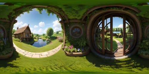 Masterpiece quality, ultra-high resolution, lush green landscape of The Shire, Hobbiton, VR360 perspective. Iconic round doors in hillsides, watermill, serene river, vibrant gardens, distant hills, expansive sky, sunset hues. Style: fantasy art, painterly textures, vivid colors.